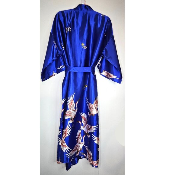 NWOT Lightweight Satin Kimono Long Bathrobe Robe  w Cranes L Blue - Picture 3 of 9